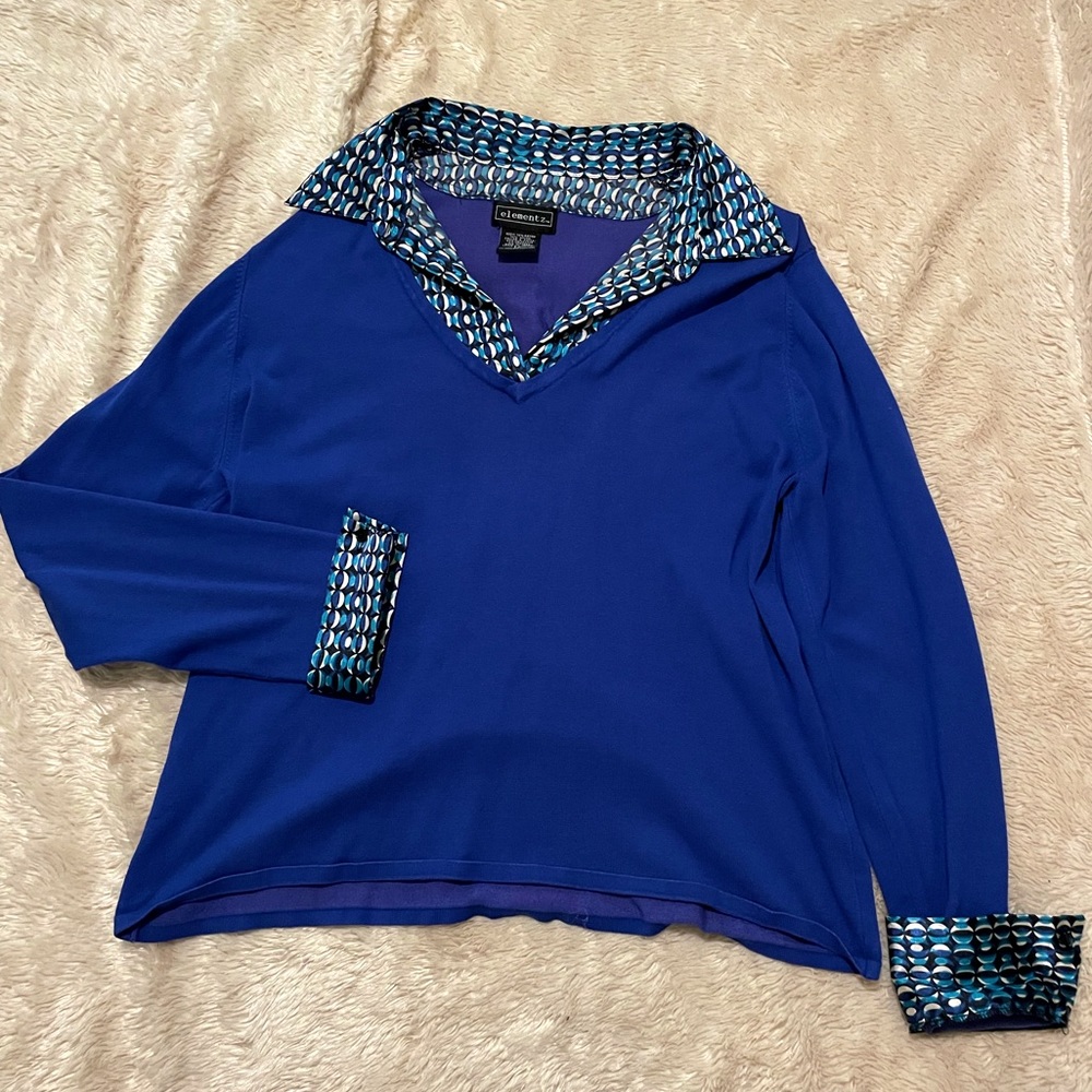 elementz Blue V-Neck Sweater with Button-Up / False Two-Piece Retro Plus Size